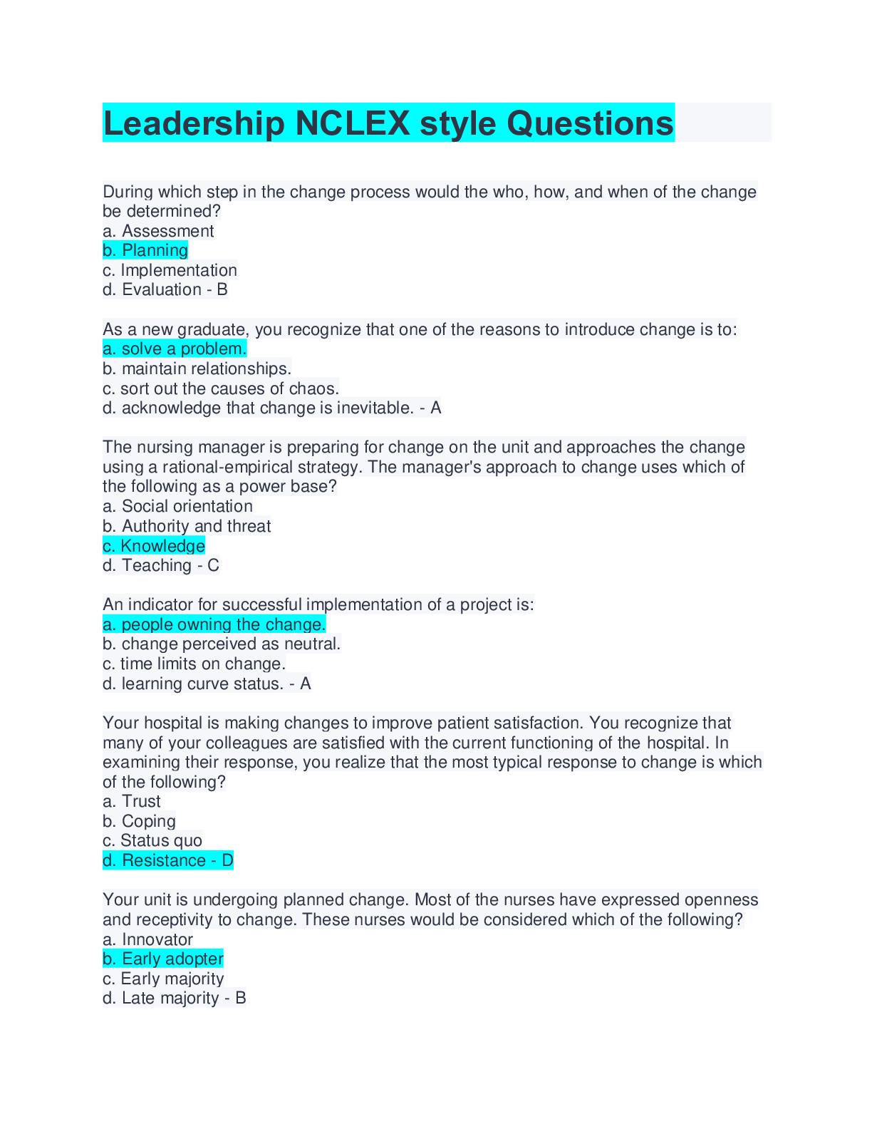 Leadership NCLEX style Questions And Answers( With Complete Solution Graded A)